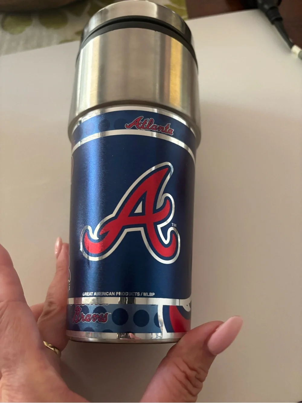 Stainless Steel Ergonomic Grip Travel Mug - Silver Atlanta Braves nwt